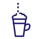 Ikona przedstawia niebieski kontur kubka z pokrywką i słomką, symbolizujący napój na wynos.