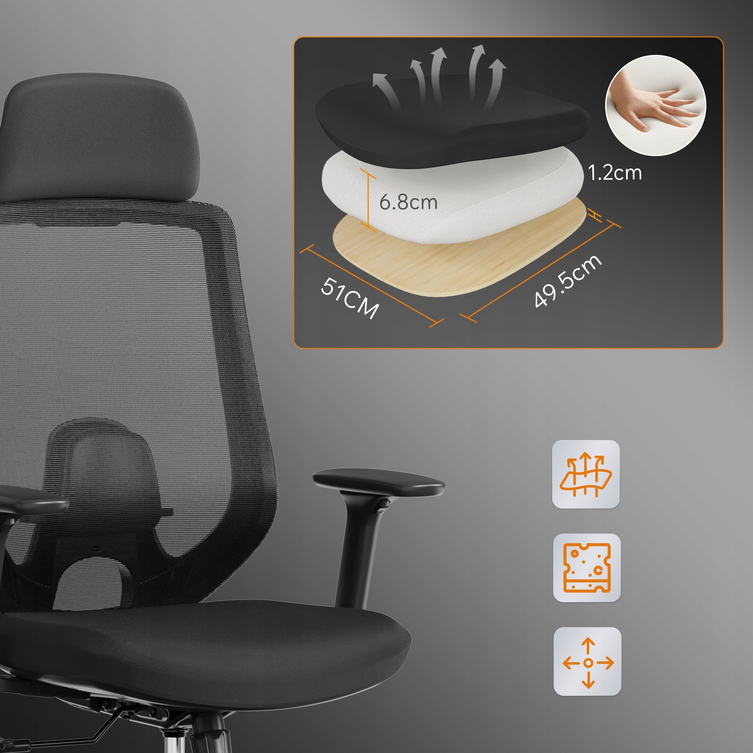 Obraz przedstawia czarny, ergonomiczny fotel biurowy z siatkowym oparciem i regulowanymi podłokietnikami. Wstawka pokazuje warstwy siedziska z wymiarami 51 cm na 49,5 cm oraz ikonki wskazujące na funkcje wentylacji, regulacji i komfortu.