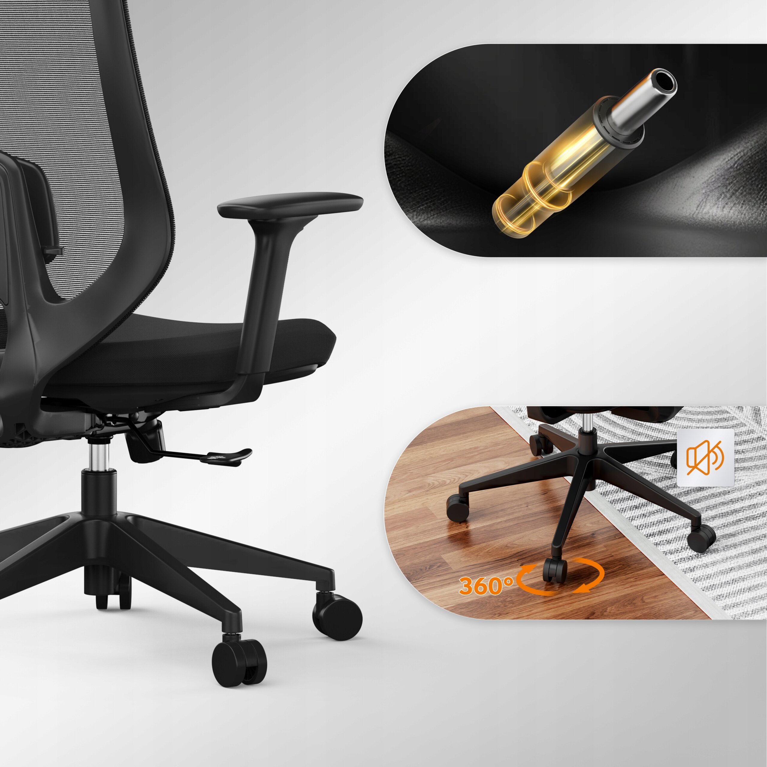 Obraz przedstawia czarny, materiałowy fotel biurowy z ergonomicznym designem i regulowanymi elementami. Dodatkowo pokazane są detale mechanizmu regulacji oraz kółka z możliwością obrotu o 360 stopni.