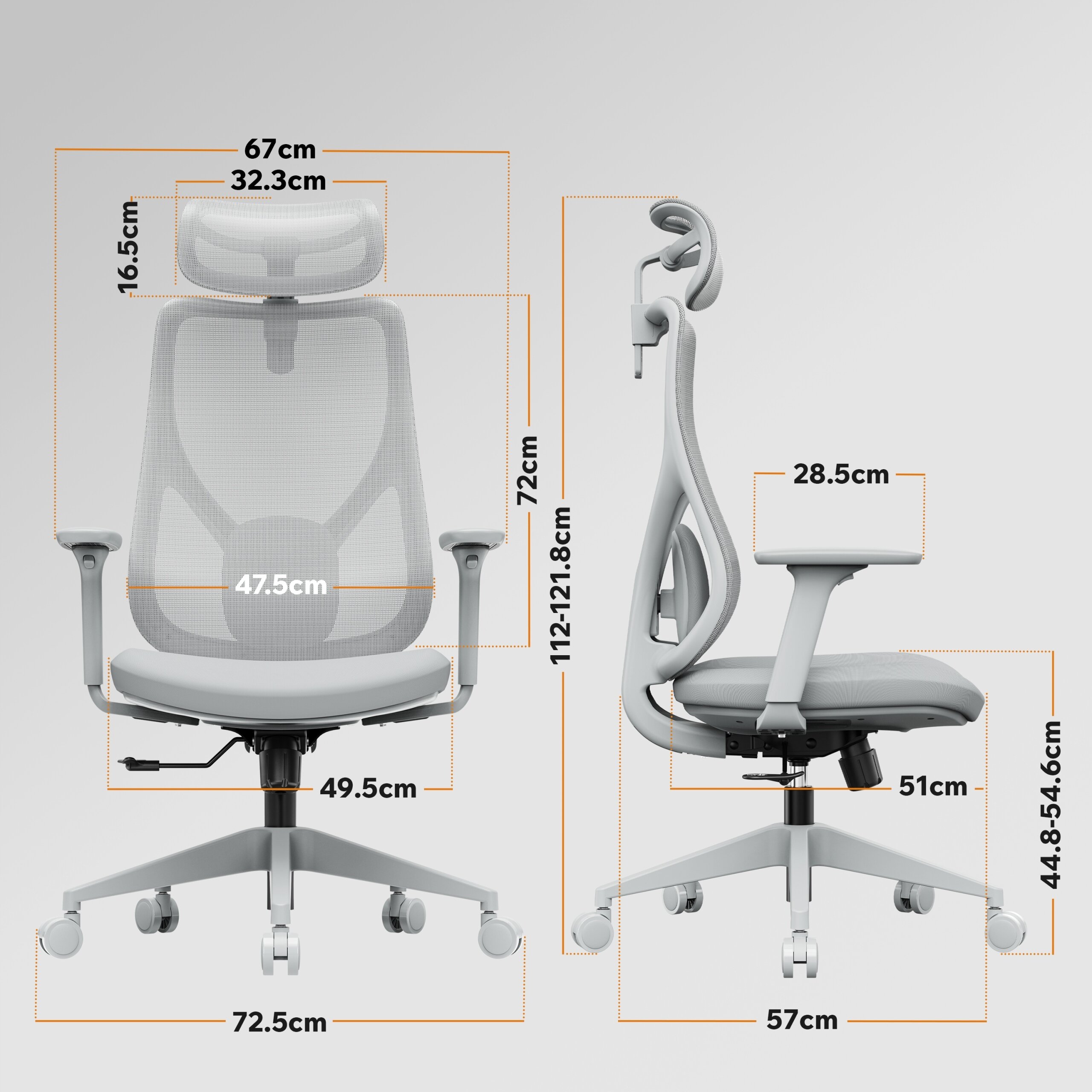 Obraz przedstawia szary, ergonomiczny fotel biurowy z regulowanym zagłówkiem i podłokietnikami. Widoczne są wymiary: szerokość siedziska 47.5 cm, głębokość siedziska 49.5 cm, wysokość oparcia 72 cm, wysokość całkowita 112-121.8 cm, szerokość całkowita 67 cm, głębokość całkowita 72.5 cm, wysokość siedziska 44.8-54.6 cm, szerokość podłokietnika 28.5 cm, głębokość podstawy 57 cm.