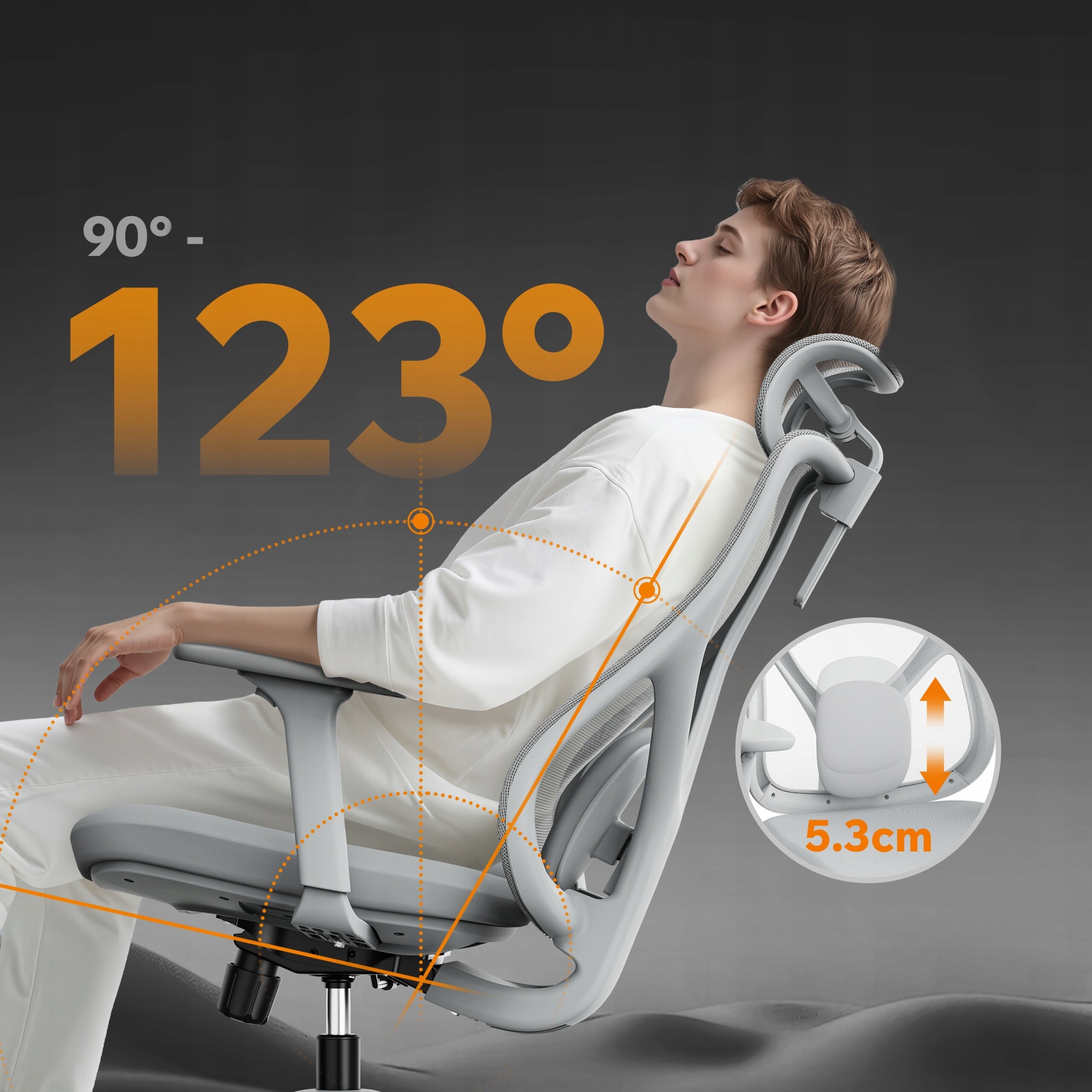 Osoba siedzi na szarym, ergonomicznym fotelu biurowym z regulowanym oparciem, które można ustawić pod kątem od 90° do 123°. Na obrazie widoczny jest również pomiar 5.3 cm dotyczący regulacji fotela.