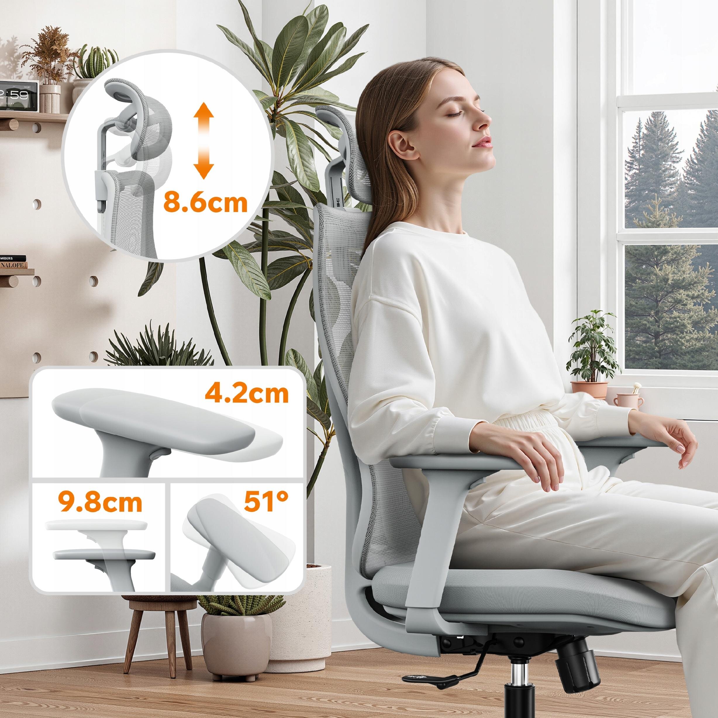 Osoba siedzi na szarym, ergonomicznym fotelu biurowym z regulowanym zagłówkiem i podłokietnikami. Na obrazie widoczne są wymiary: 8.6 cm, 4.2 cm, 9.8 cm oraz kąt 51 stopni.