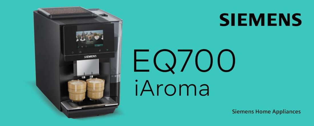 Ekspres SIEMENS EQ.700 TP723E09 Stylowa funkcjonalność wygląd design prezentacja wizualizacja baner ekspres na zielonym tle