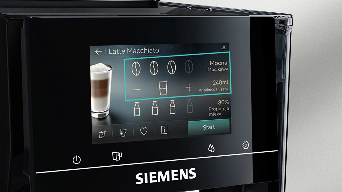 Ekspres SIEMENS EQ.700 TP723E09 dostosowanie mocy napoju Regulacja mocy kawa automatycznie dobiera ilość ziaren i wody prezentacja wyświetlacza i funkcji prezentacja wyjmowanej jednostki w trzech krokach