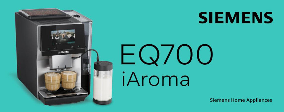 Ekspres SIEMENS EQ.700 TP725EM7  Stylowa funkcjonalność wygląd design prezentacja wizualizacja baner ekspres na zielonym tle