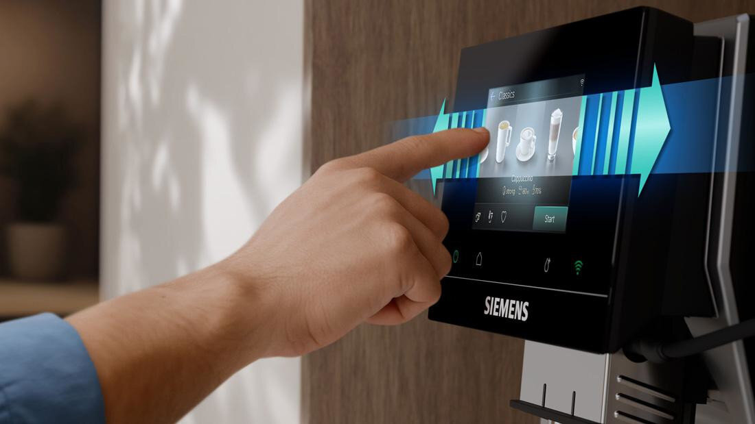 Ekspres SIEMENS EQ.700 TP725EM7  dotykowy wyświetlacz Personalizacja smaku ulubionej kawy zgodnie preferencje Intuicyjny wyświetlacz iSelect funkcja dotykowa  5-calowemu, w pełni dotykowemu wyświetlaczowi iSelect prezentacja wyświetlacza palec naciska na wyświetlacz