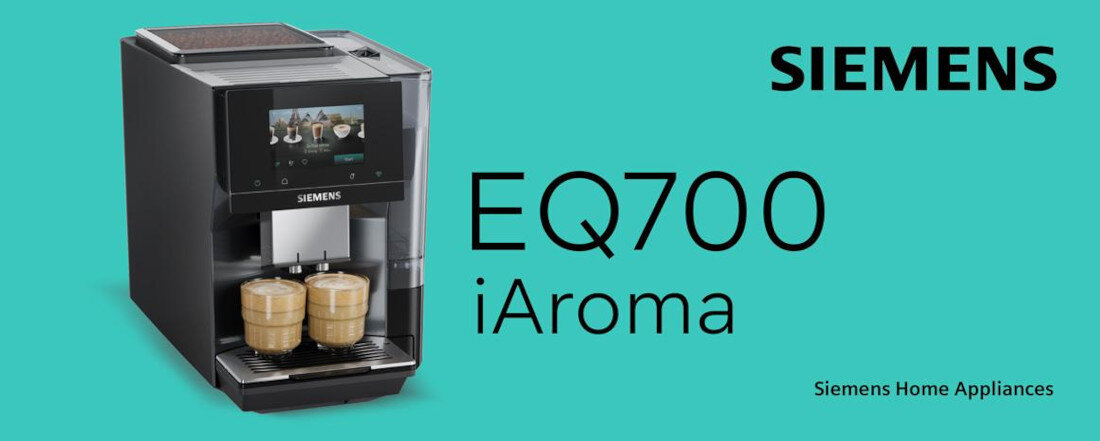 Ekspres SIEMENS EQ.700 TP727E06 Stylowa funkcjonalność wygląd design prezentacja wizualizacja baner ekspres na zielonym tle