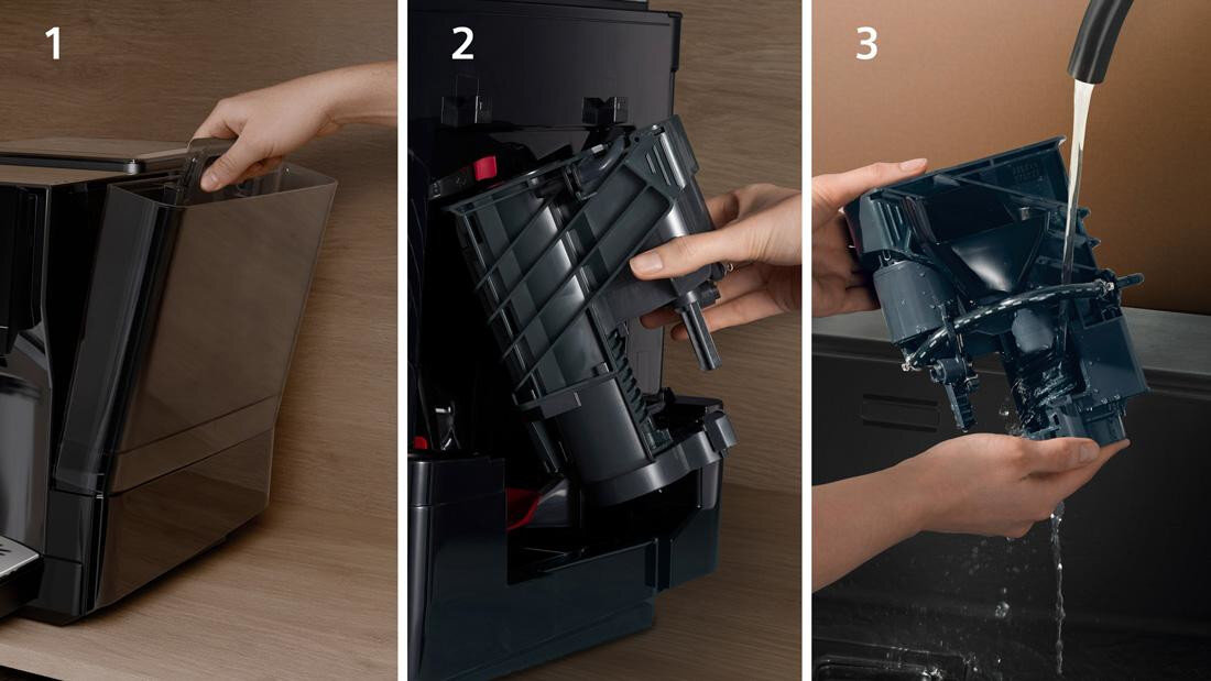 Ekspres SIEMENS EQ.700 TP727E06 wyjmowana jednostka zaparzania higiena łatwo wyjmowanej jednostce zaparzającej cieszyć się czystym aromatem ulubionej kawy prezentacja kawy