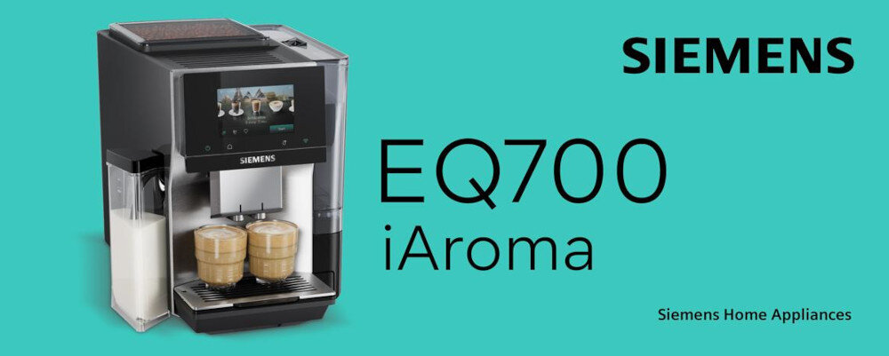 Ekspres SIEMENS EQ.700 TQ723E03 Stylowa funkcjonalność wygląd design prezentacja wizualizacja baner ekspres na zielonym tle