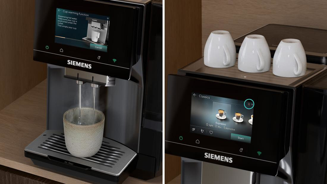 Ekspres SIEMENS EQ.700 TQ723E03 Aktywna taca grzewcza tacy grzewczej ekspresu filiżankami Podgrzewane filiżanki espresso, serwowane w podgrzanej filiżance prezentacja ekspresu zbliżenie na wyświetlacz