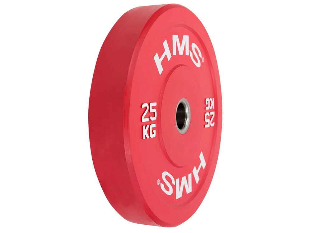 Obciążenie HMS CBR25 (25 kg) obciążenie widoczne od przodu pod skosem białe tło z mieszanki NR i SBR gruba warstwa gumy o twardości od 75 do 96 w skali Shore’a większa odporność na uszkodzenia guma absorbuje uderzenia chroniąc podłogę oraz sprzęt