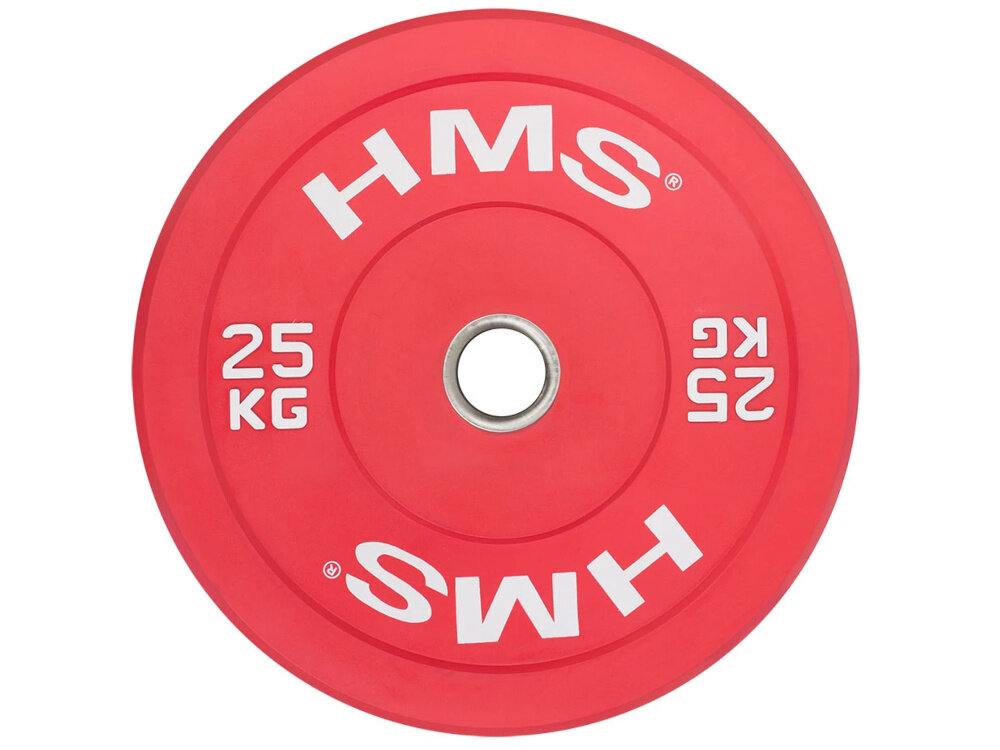 Obciążenie HMS CBR25 (25 kg) obciążenie widoczne od przodu białe tło kolorystyka zgodna z wytycznymi IWF szybkie rozpoznanie wagi podczas treningu średnica zewnętrzna 450 mm wspiera prawidłową technikę startową estetyczne wykończenie i czytelne oznaczenia