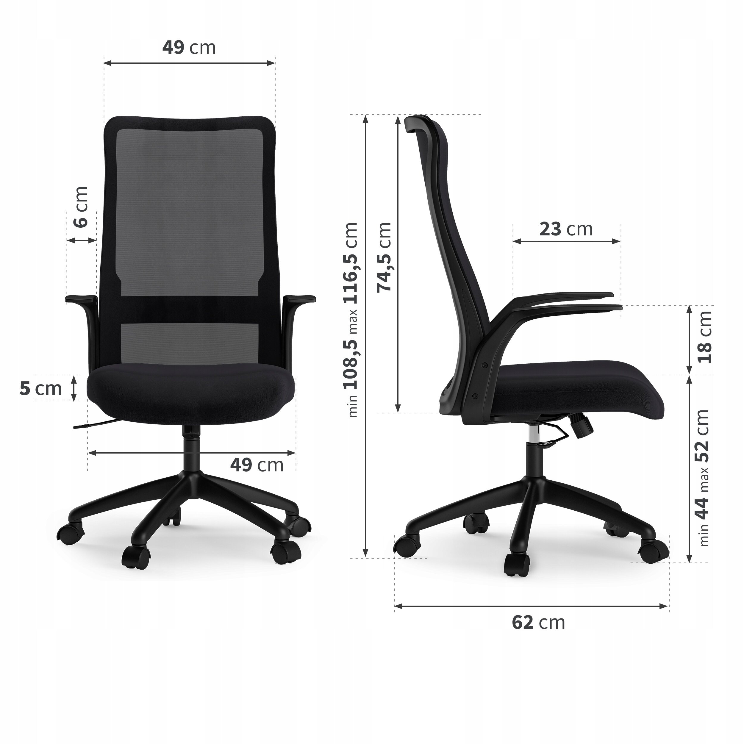 Obraz przedstawia czarny, materiałowy fotel biurowy z ergonomicznym kształtem, z widocznymi wymiarami: szerokość siedziska 49 cm, wysokość oparcia 74,5 cm, minimalna wysokość całkowita 108,5 cm, maksymalna 116,5 cm, głębokość siedziska 49 cm, szerokość podstawy 62 cm. Fotel posiada regulację wysokości siedziska od 44 cm do 52 cm oraz podłokietniki o wysokości 18 cm.