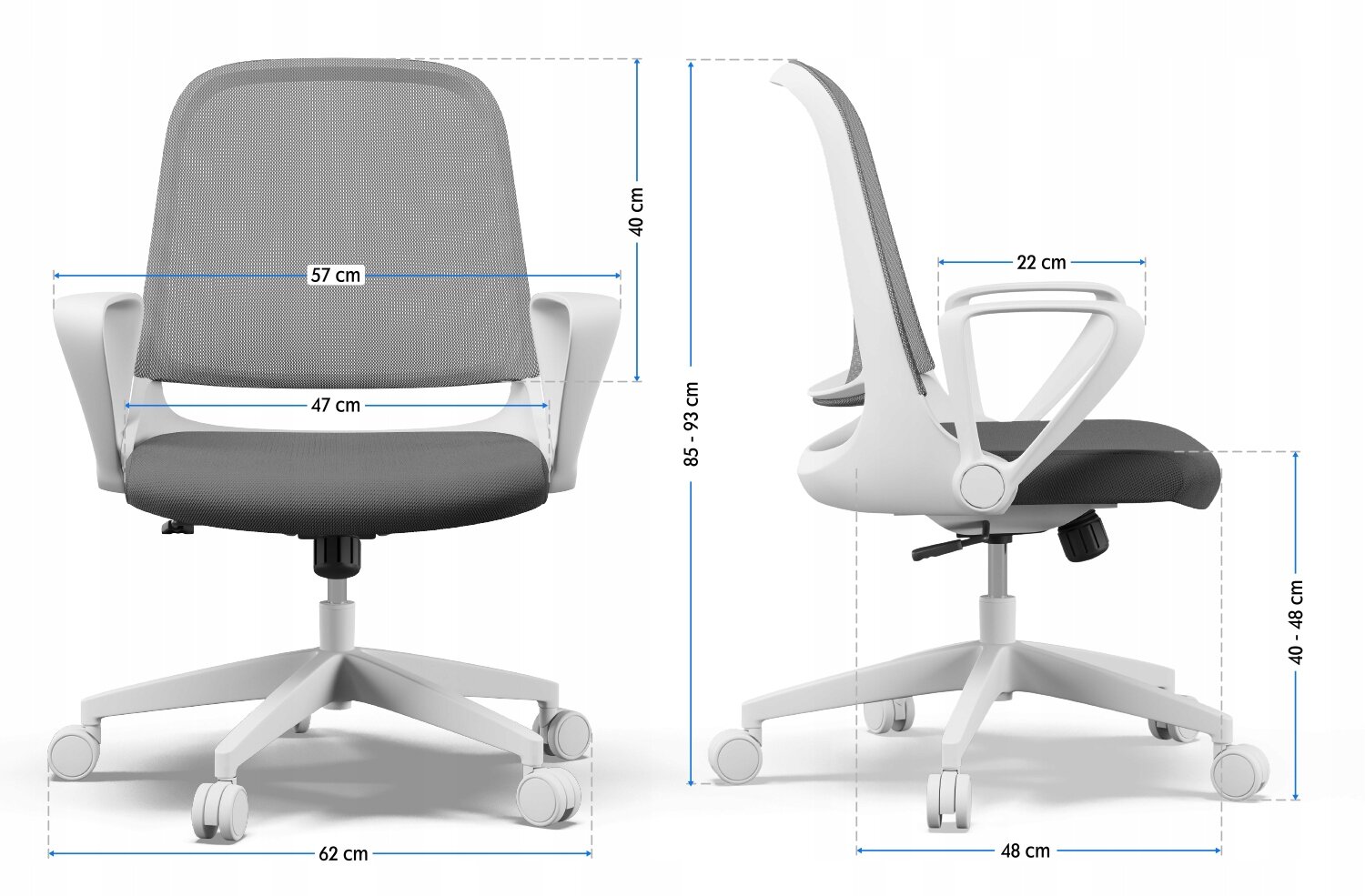 Obraz przedstawia szare krzesło biurowe z ergonomicznym oparciem i regulowaną wysokością. Wymiary to: szerokość siedziska 57 cm, głębokość siedziska 47 cm, wysokość oparcia 40 cm, wysokość całkowita 85-93 cm, szerokość podstawy 62 cm, głębokość podstawy 48 cm, wysokość siedziska 40-48 cm, głębokość podłokietnika 22 cm.