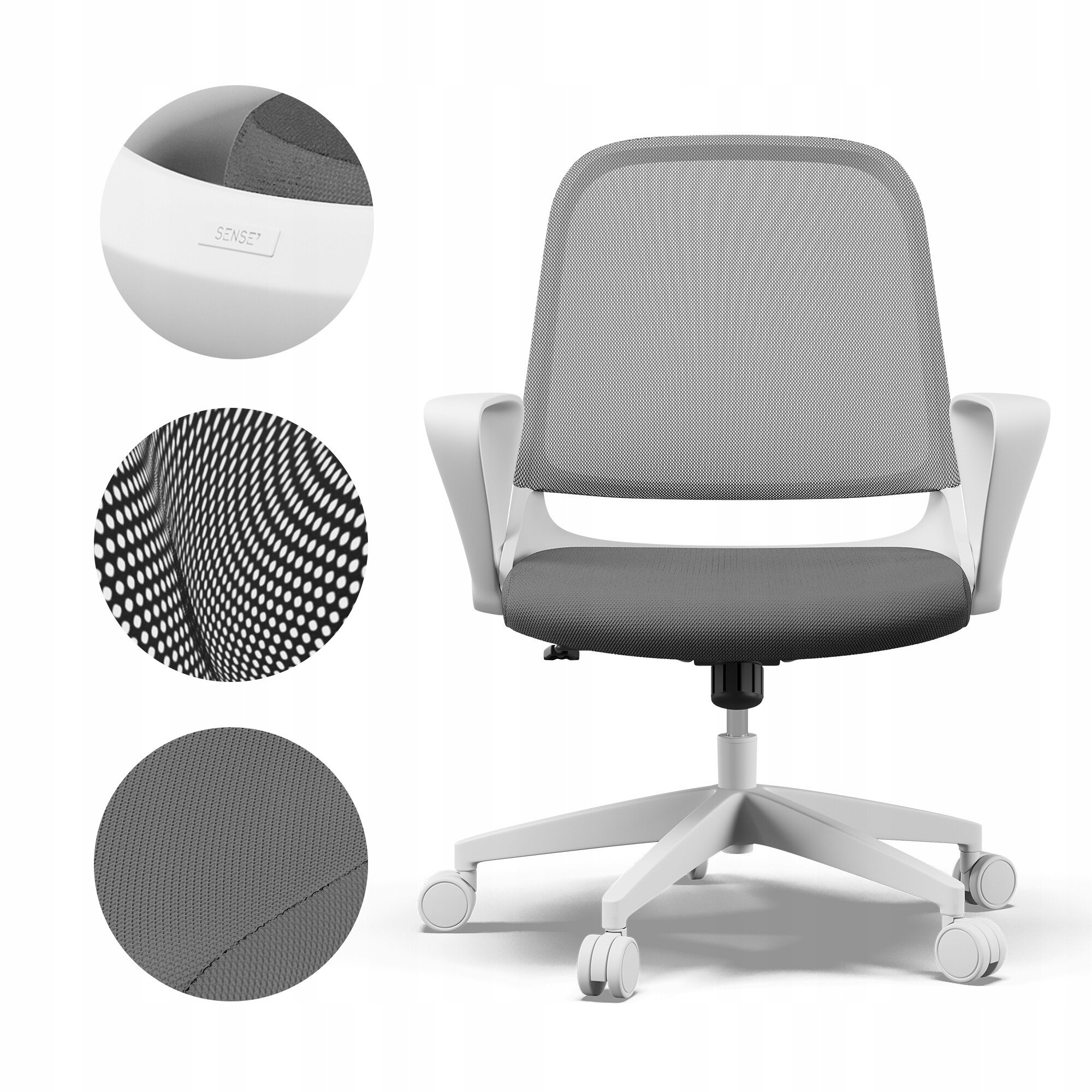 Szare krzesło biurowe z ergonomicznym designem, posiada siatkowe oparcie i regulowane podłokietniki. Obok krzesła widoczne są zbliżenia na teksturę materiału oraz logo \'SENSE7\'.