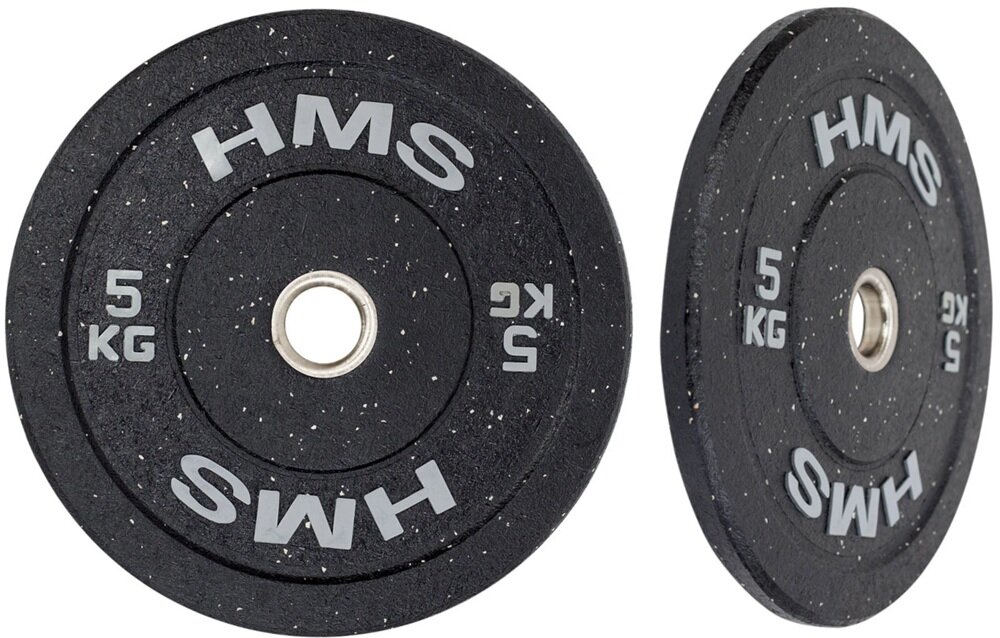 Obciążenie HMS HTBR05 (5 kg) białe tło obciążenie w dwóch ujęciach widoczne od przodu i od przodu pod skosem o wadze 5 kg do ćwiczeń ze sztangą i gryfami olimpijskimi średnica wewnętrzna 51 mm szybkie dopasowanie do standardowych gryfów sprawnie zmienisz ciężar płynność ćwiczeń