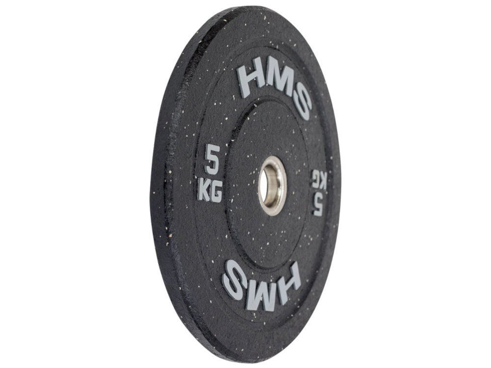 Obciążenie HMS HTBR05 (5 kg) obciążenie widoczne od przodu pod skosem białe tło korpus ze stali nierdzewnej całość pokryto grubą warstwą gumy tłumi uderzenia i ogranicza hałas chroni podłogę, sprzęt oraz same talerze przed uszkodzeniami