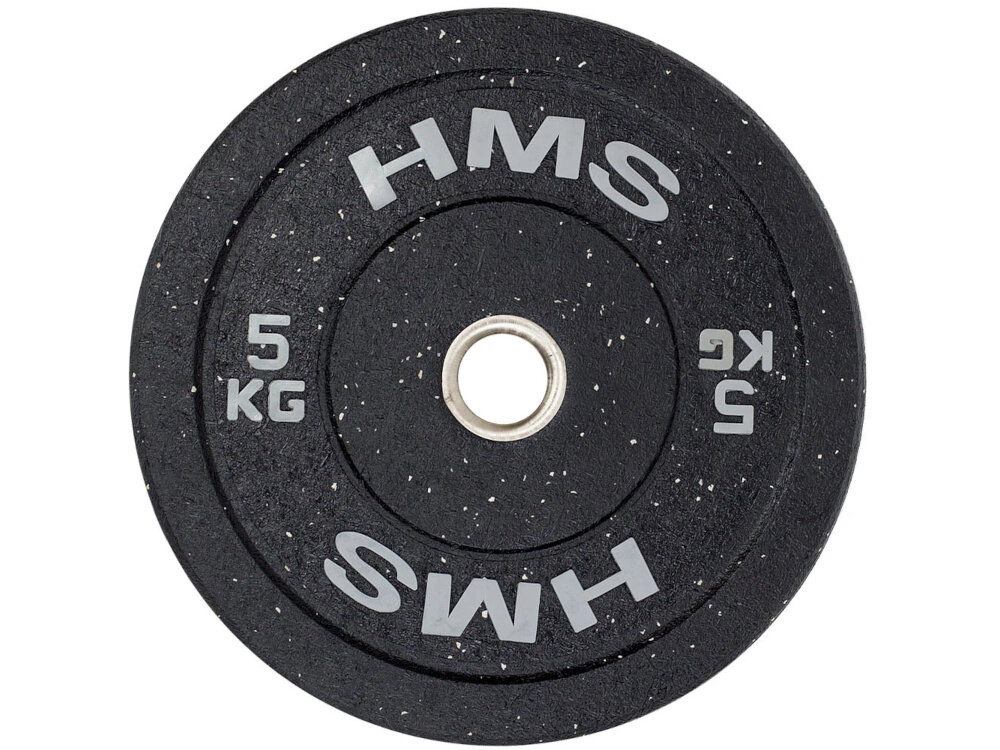 Obciążenie HMS HTBR05 (5 kg) obciążenie widoczne od przodu białe tło średnica zewnętrzna 450 mm szerokość 34 mm waga 5 kg sprzyja bezpiecznemu rozwojowi siły i stopniowej adaptacji mięśni do codziennych treningów