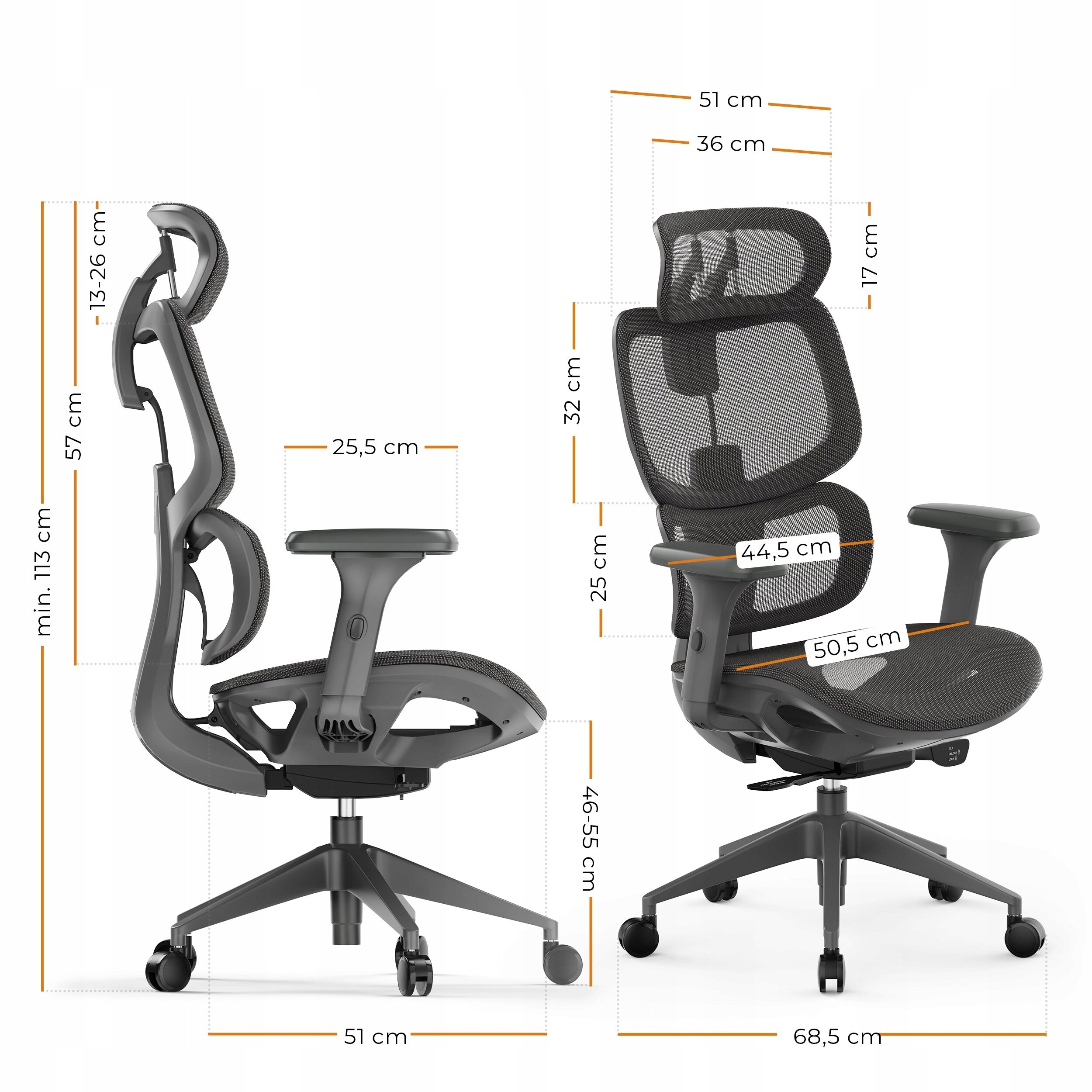 Obraz przedstawia ergonomiczny fotel biurowy z siatkowym oparciem i regulowanymi podłokietnikami. Widoczne są wymiary: wysokość oparcia 57 cm, szerokość siedziska 50,5 cm, głębokość siedziska 44,5 cm, a minimalna wysokość całkowita to 113 cm.
