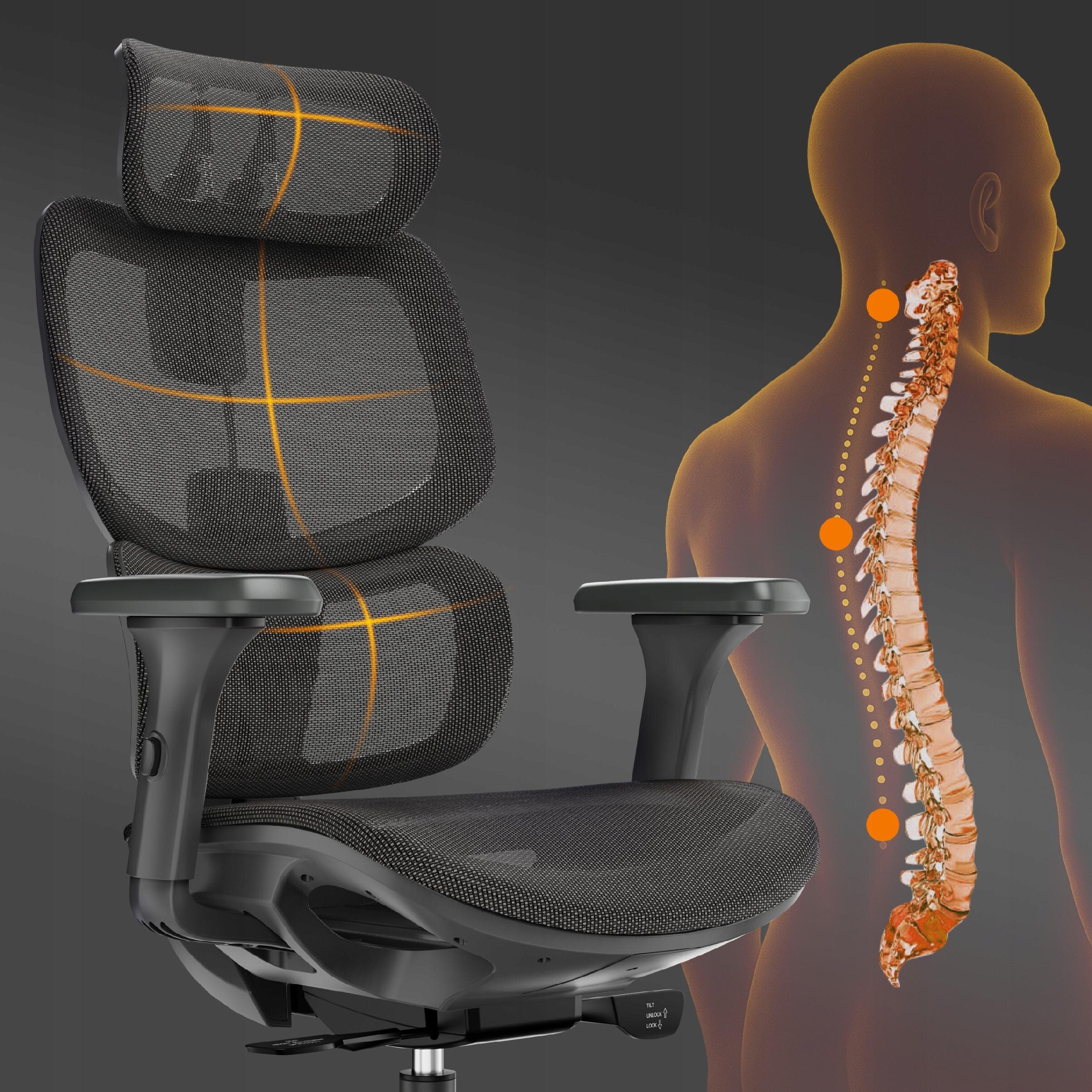 Obraz przedstawia ergonomiczny fotel biurowy z siatkowym oparciem i zagłówkiem, obok którego znajduje się ilustracja ludzkiego kręgosłupa z zaznaczonymi punktami podparcia. Fotel jest w kolorze grafitowym z pomarańczowymi liniami na oparciu.