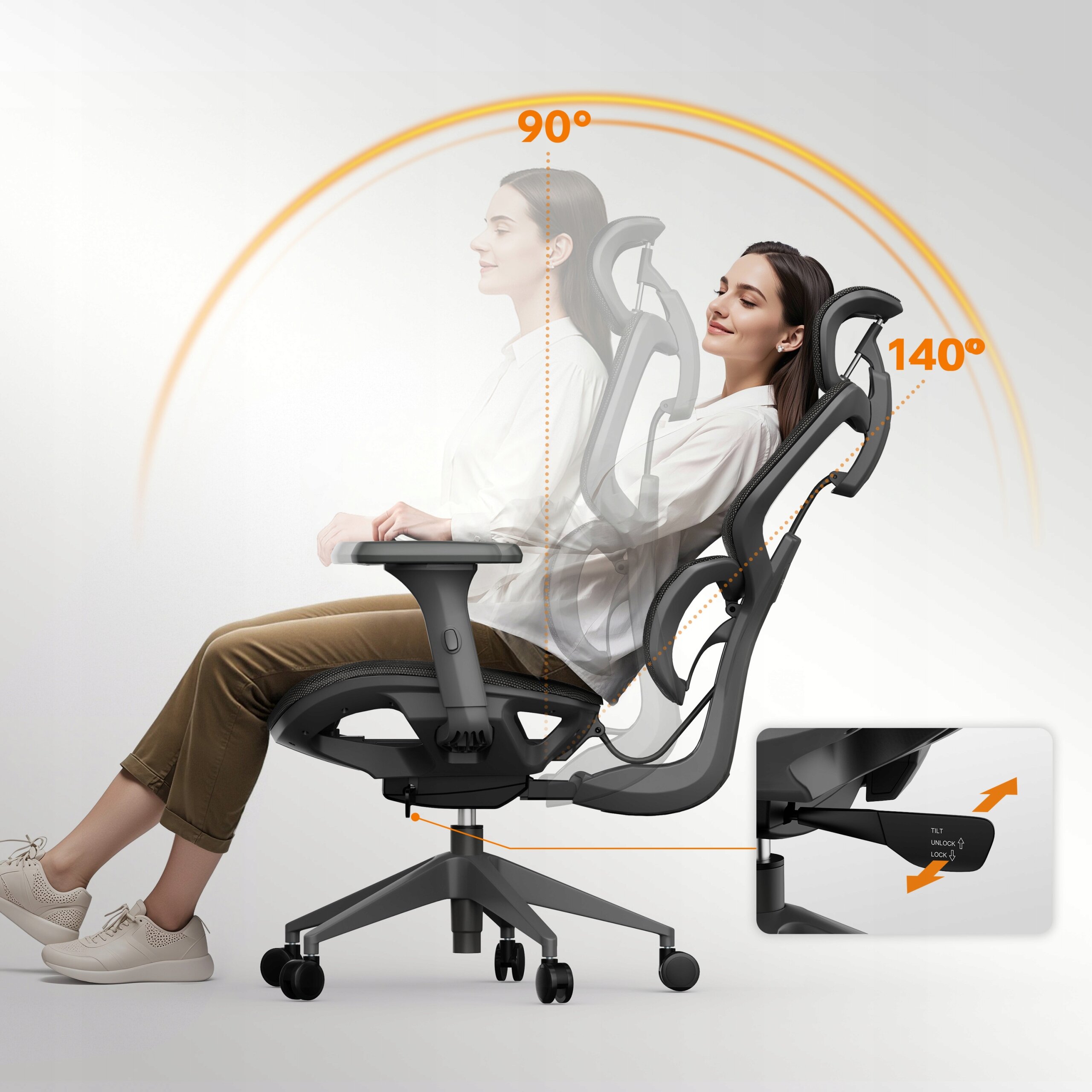 Obraz przedstawia osobę siedzącą na ergonomicznym fotelu biurowym z regulowanym oparciem, które można ustawić pod kątem 90° lub 140°. W prawym dolnym rogu znajduje się zbliżenie na mechanizm regulacji z napisem \'LOCK\'.