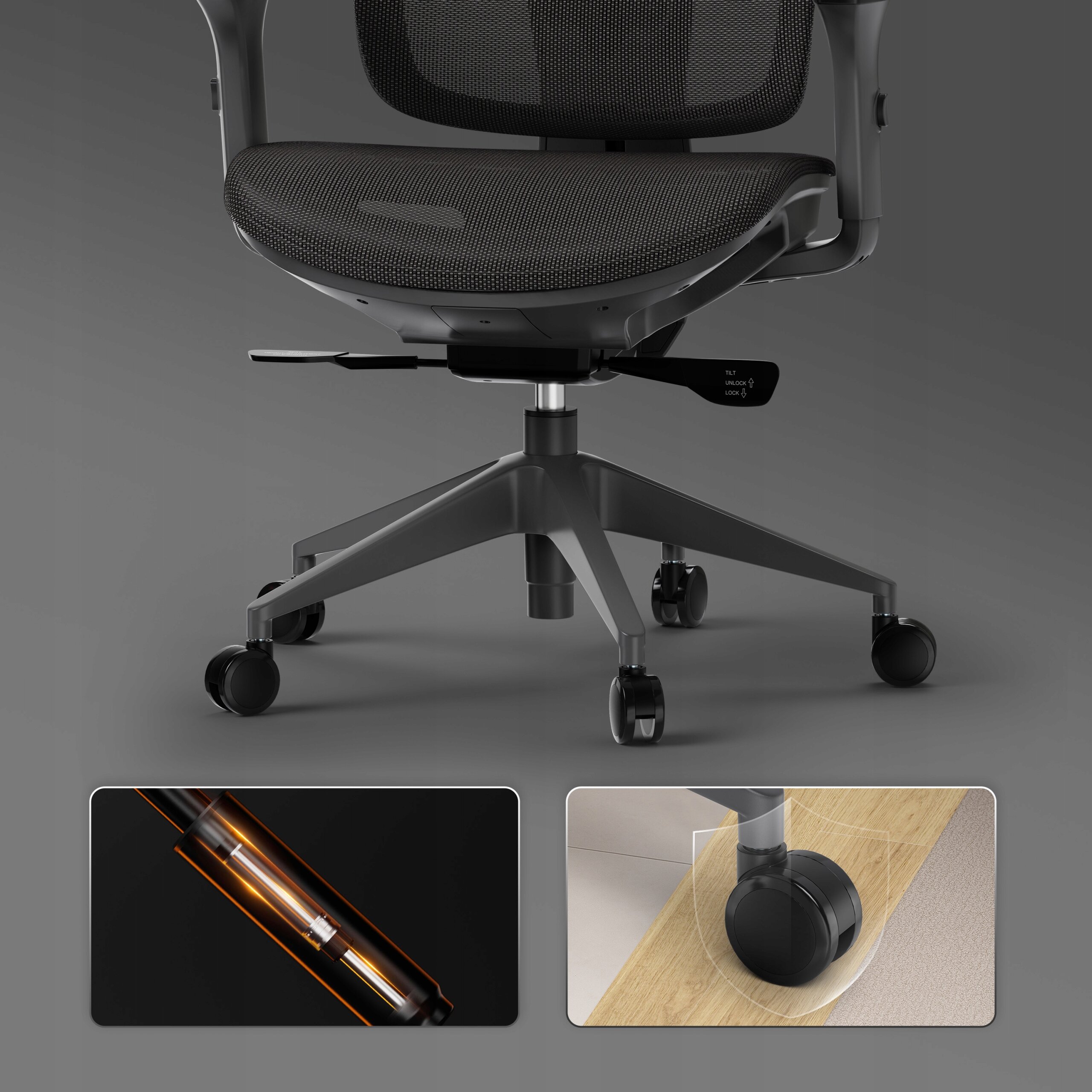 Obraz przedstawia dolną część biurowego krzesła ergonomicznego z siatkowym siedziskiem i regulowanymi elementami. Dodatkowo widoczne są zbliżenia na mechanizm podnośnika oraz kółko na podłodze.