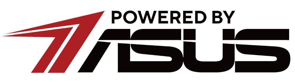 Komputer MAD DOG Powered by ASUS Logo programu Powered by ASUS z czerwonym symbolem grotu strzałki po lewej stronie oraz czarnym napisem ASUS stylizowaną, nowoczesną czcionką.