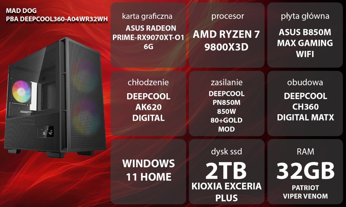 Komputer MAD DOG Powered By Asus DEEPCOOL360-A04WR32WH Grafika przedstawiająca specyfikację komputera, z podziałem na podzespoły. W lewej części znajduje się model komputera, a obok niego informacje o podzespołach, opis