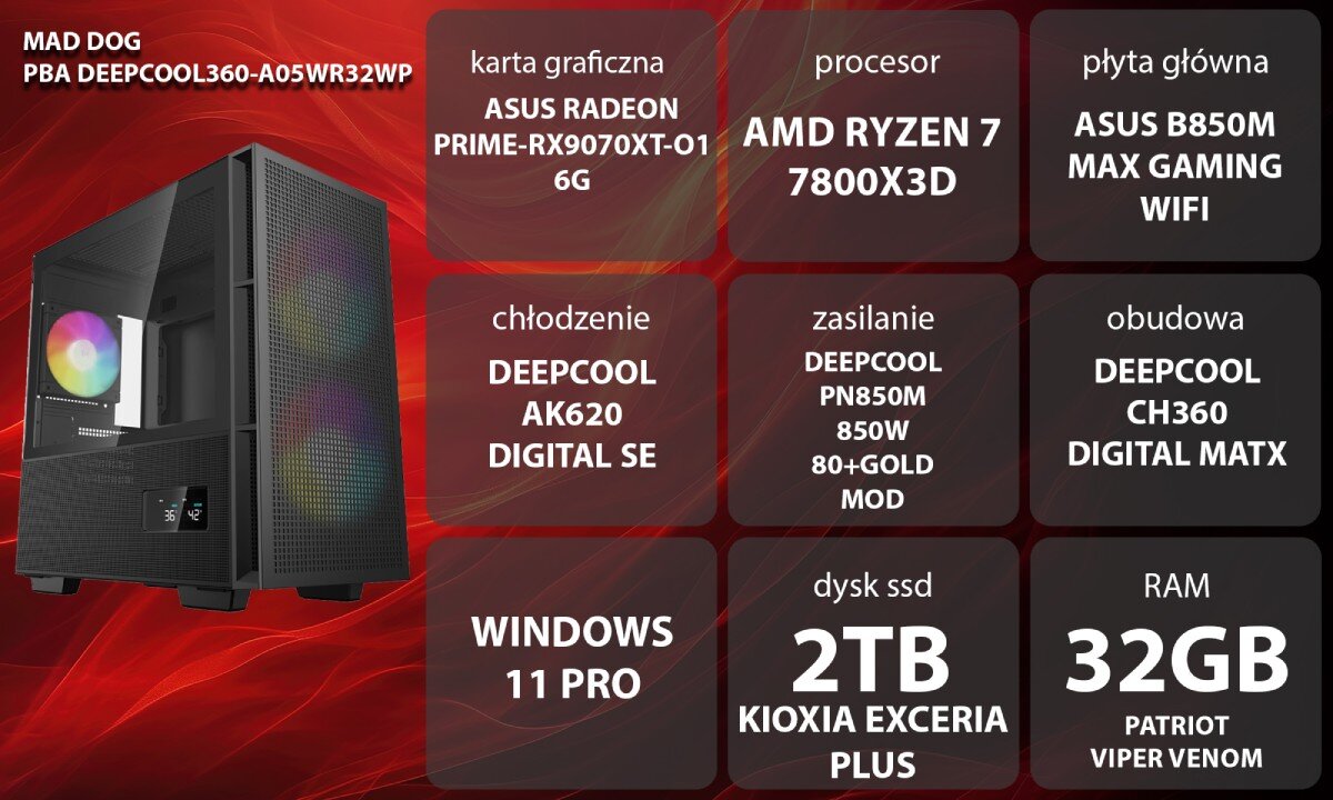 Komputer MAD DOG Powered By Asus DEEPCOOL360-A05WR32WP Grafika przedstawiająca specyfikację komputera, z podziałem na podzespoły. W lewej części znajduje się model komputera, a obok niego informacje o podzespołach, opis