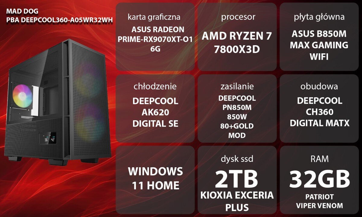 Komputer MAD DOG Powered By Asus DEEPCOOL360-A05WR32WH Grafika przedstawiająca specyfikację komputera, z podziałem na podzespoły. W lewej części znajduje się model komputera, a obok niego informacje o podzespołach, opis