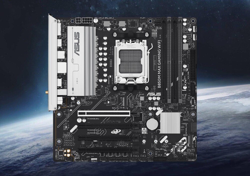 Obraz przedstawia płytę główną z widocznym logo ASUS i napisem \'B660M-A X GAMING WIFI\'. W tle znajduje się widok na Ziemię z kosmosu.