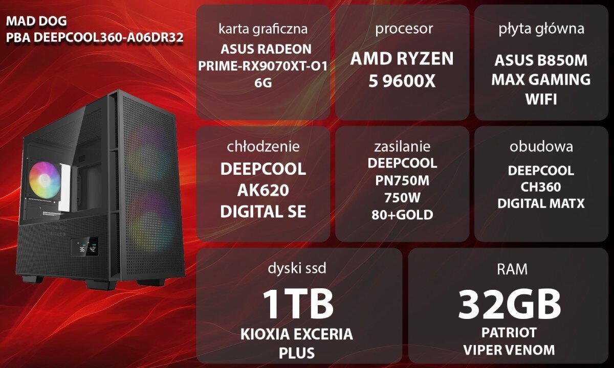 Osoba siedzi przy biurku z komputerem stacjonarnym, używając klawiatury i słuchawek. W tle widoczne jest żółte tło z dużym symbolem odtwarzania (play).