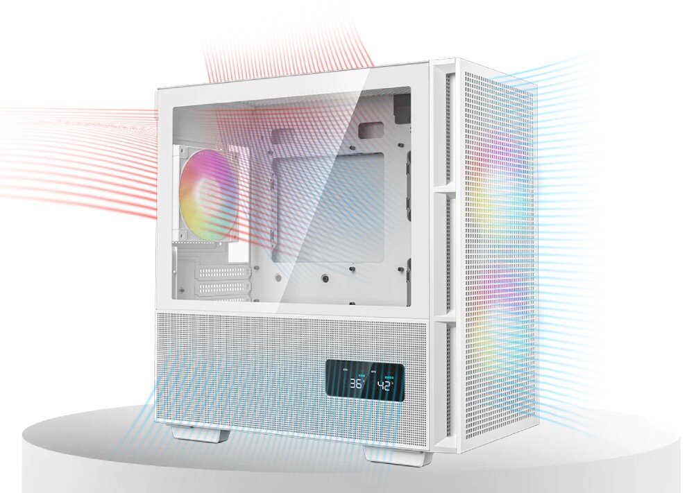Komputer MAD DOG DEEPCOOL360-WH-A02DR32 Obudowa komputera z zaznaczonym schematem przepływu powietrza, widoczne kolorowe podświetlenie wentylatora i cyfrowy wyświetlacz z temperaturami, obudowa, format, wentylacja, porty, szklany bok