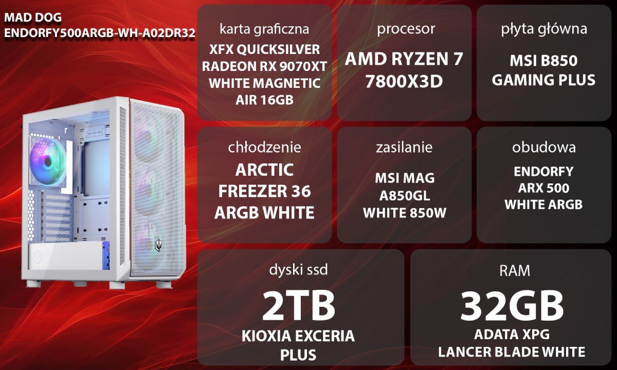 Komputer MAD DOG ENDORFY500ARGB-WH-A02DR32 Dwie białe obudowy na niewyraźnym, żółto-niebieskim tle z widocznymi z przodu i z boku siatkami, przy czym jedna ma otwarty szklany panel boczny, za którym kryje się podświetlany wentylator i metalowe wnętrze