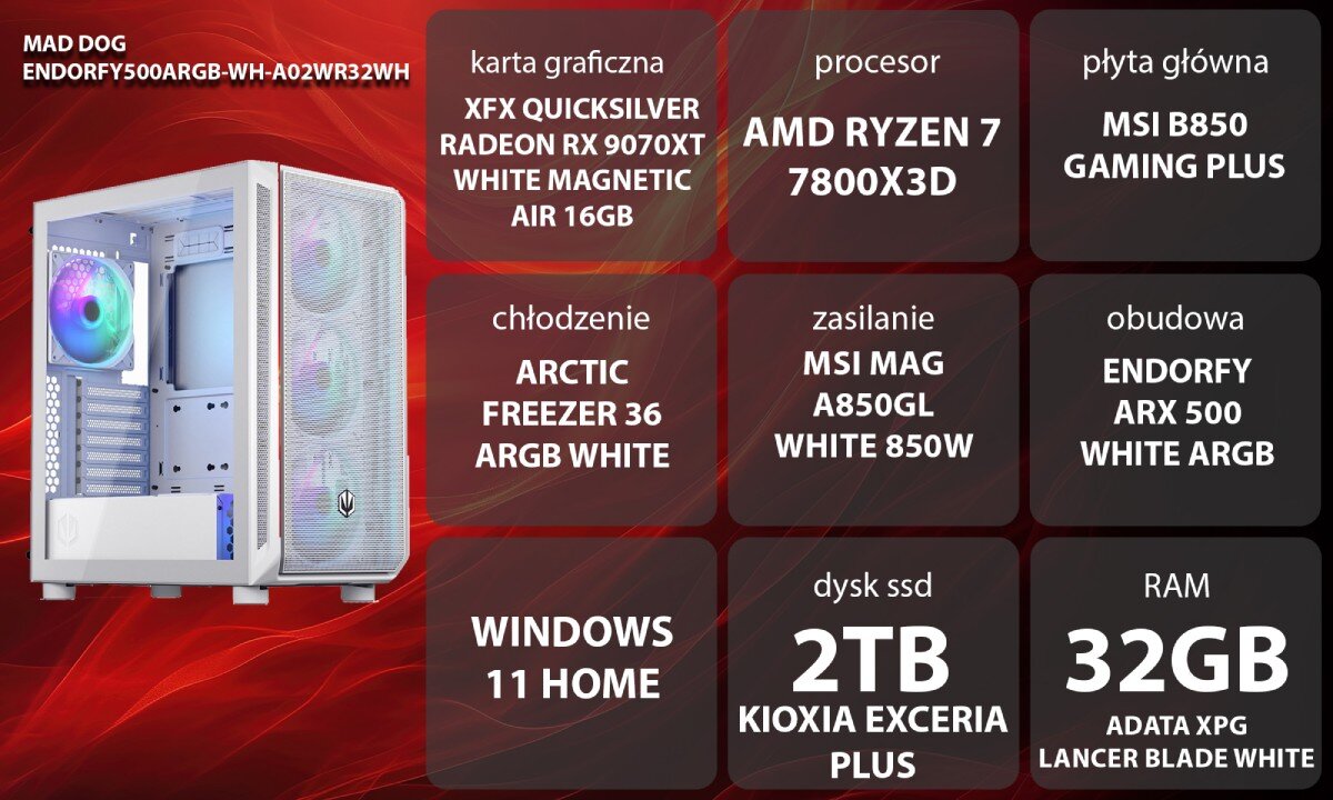 Komputer MAD DOG ENDORFY500ARGB-WH-A02WR32WH Dwie białe obudowy na niewyraźnym, żółto-niebieskim tle z widocznymi z przodu i z boku siatkami, przy czym jedna ma otwarty szklany panel boczny, za którym kryje się podświetlany wentylator i metalowe wnętrze