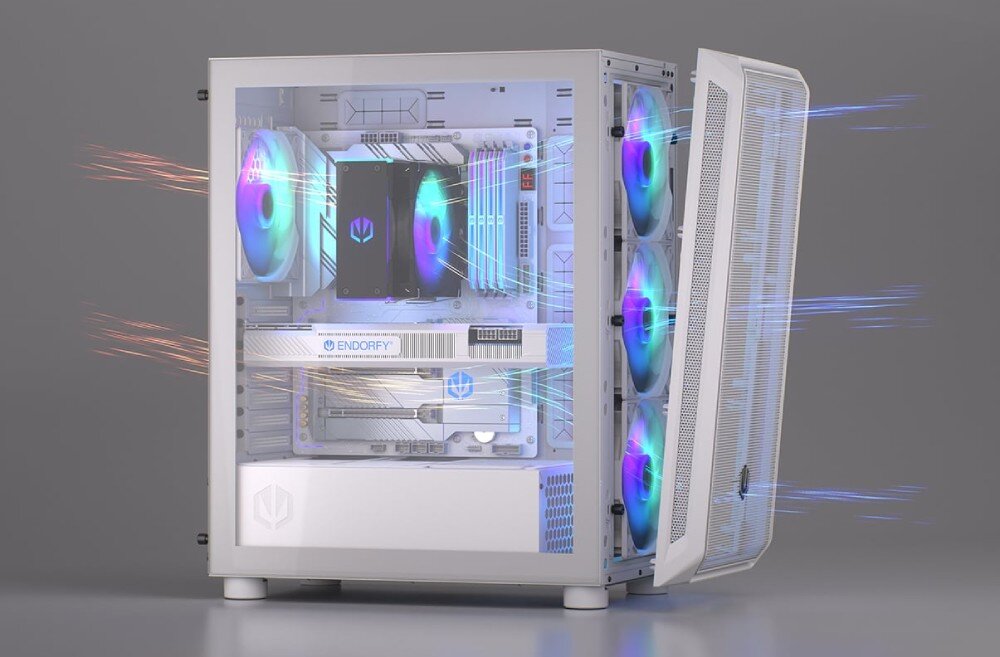 Komputer MAD DOG ENDORFY500ARGB-WH-A02WR32WP Wnętrze białej obudowy w ujęciu z boku z lekko uchylonym przednim panelem i z wyraźnymi błękitnymi strugami powietrza przechodzącymi przez obracające się tęczowo podświetlone wentylatory