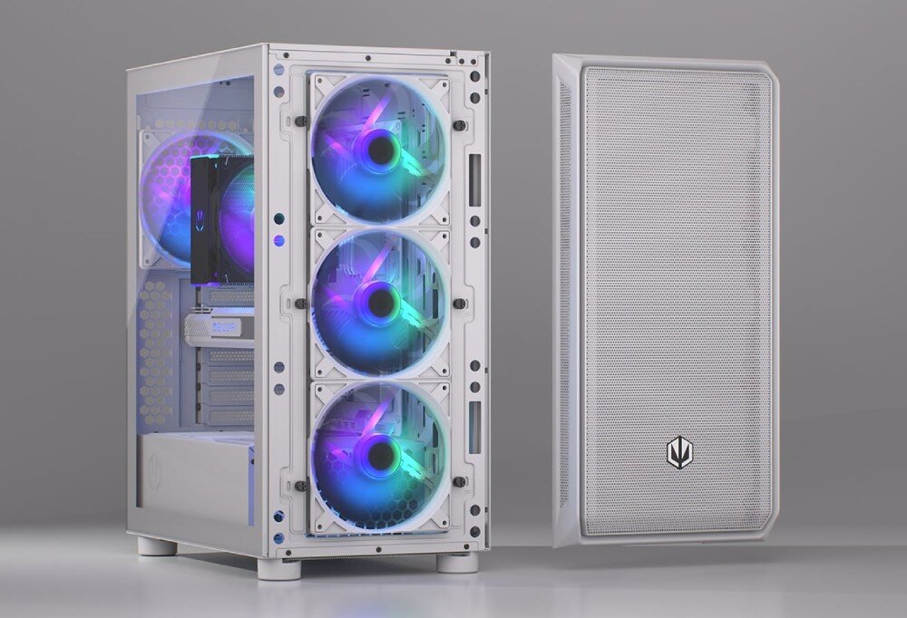 Komputer MAD DOG ENDORFY500ARGB-WH-A03WR32WH Biała, przeszklona z boku obudowa ze zdjętym panelem przednim, co odsłania trzy wentylatory z kolorowym światłem, oraz ze zdjętą metalową osłoną o drobnej strukturze leżącą obok