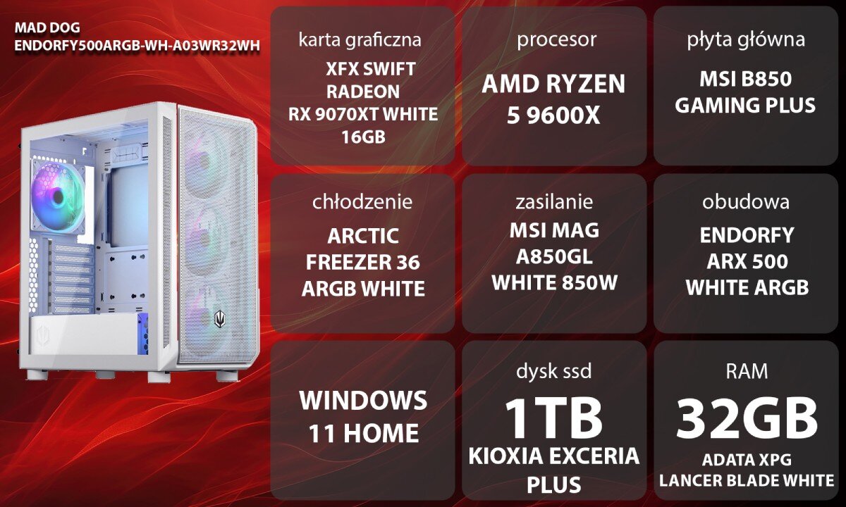 Komputer MAD DOG ENDORFY500ARGB-WH-A03WR32WH Dwie białe obudowy na niewyraźnym, żółto-niebieskim tle z widocznymi z przodu i z boku siatkami, przy czym jedna ma otwarty szklany panel boczny, za którym kryje się podświetlany wentylator i metalowe wnętrze