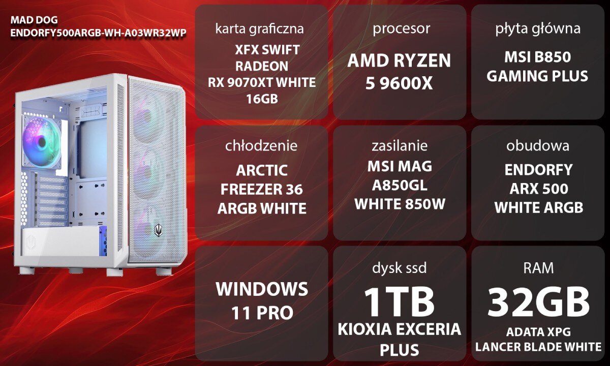 Komputer MAD DOG ENDORFY500ARGB-WH-A03WR32WP Dwie białe obudowy na niewyraźnym, żółto-niebieskim tle z widocznymi z przodu i z boku siatkami, przy czym jedna ma otwarty szklany panel boczny, za którym kryje się podświetlany wentylator i metalowe wnętrze