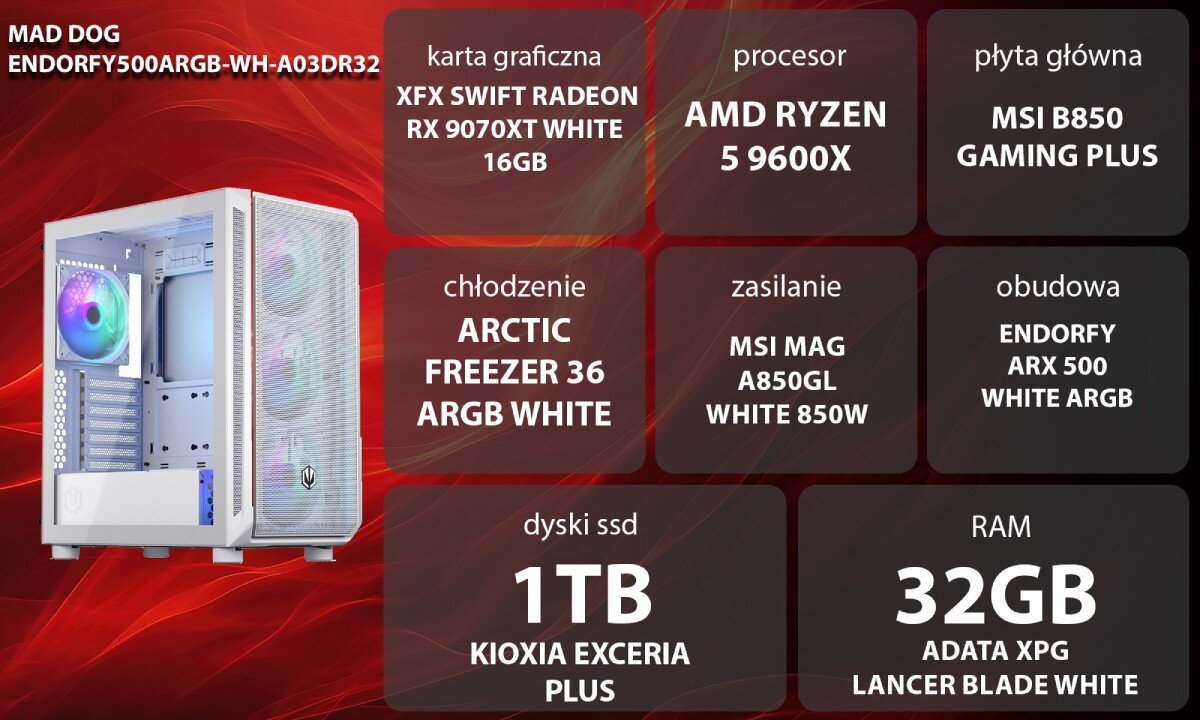 Komputer MAD DOG ENDORFY500ARGB-WH-A03DR32 Dwie białe obudowy na niewyraźnym, żółto-niebieskim tle z widocznymi z przodu i z boku siatkami, przy czym jedna ma otwarty szklany panel boczny, za którym kryje się podświetlany wentylator i metalowe wnętrze