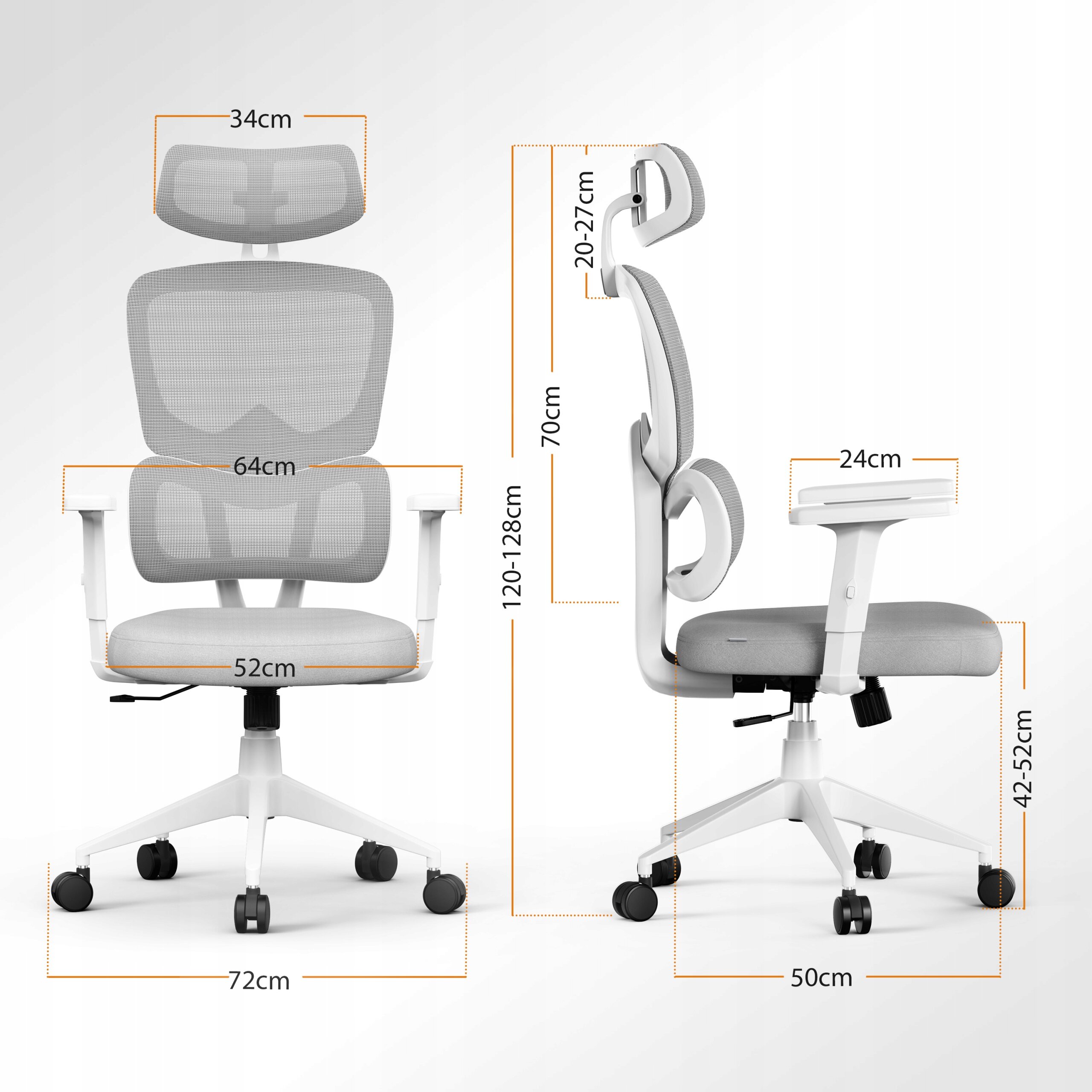 Obraz przedstawia biały, materiałowy fotel biurowy z ergonomicznym oparciem i regulowanym zagłówkiem. Widoczne są wymiary: szerokość siedziska 52 cm, szerokość oparcia 64 cm, wysokość całkowita 120-128 cm, głębokość siedziska 50 cm, wysokość podłokietników 24 cm, wysokość siedziska 42-52 cm, wysokość zagłówka 20-27 cm, szerokość zagłówka 34 cm.