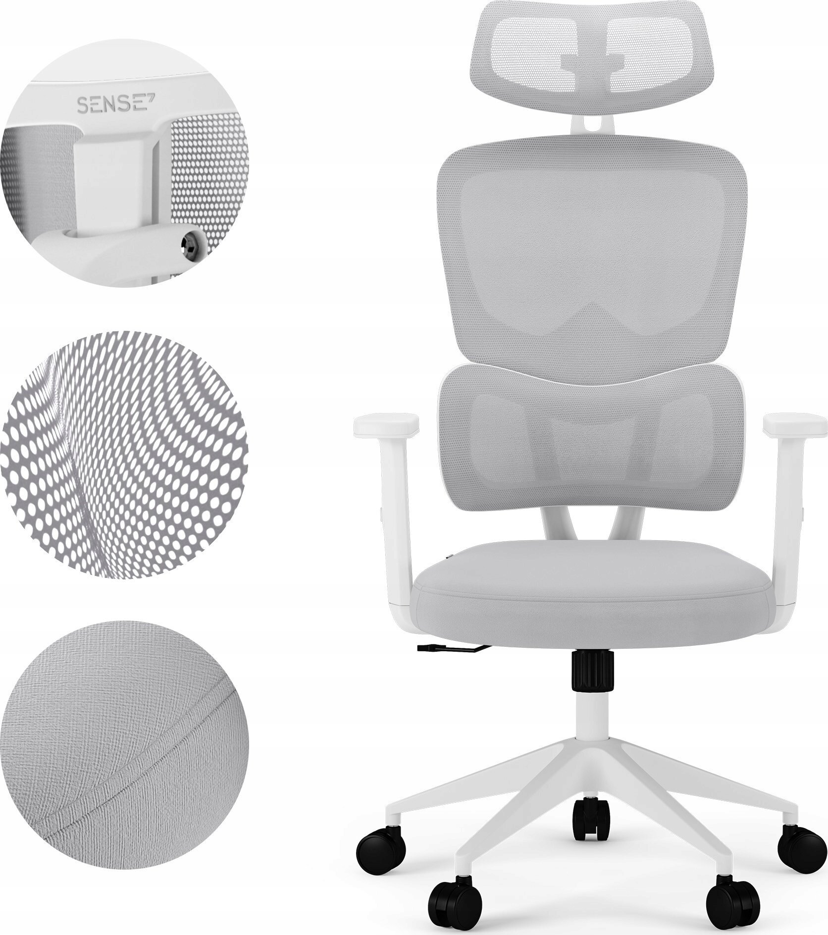 Białe krzesło biurowe z ergonomicznym oparciem i zagłówkiem, wykonane z materiału siatkowego. Widoczne są zbliżenia na strukturę materiału oraz logo \'SENSE7\'.