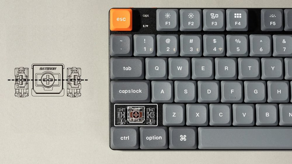 Keychron K13 Max pianką IXPE (Irradiated Cross-Linked Polyethylene) elastyczną pianką lateksową Stabilizatory klawiszy dużych klawiszy spacja enter  - Zbliżenie na lewy górny narożnik klawiatury i przekrojem przełącznika mechanicznego Gateron pod klawiszem Shift.