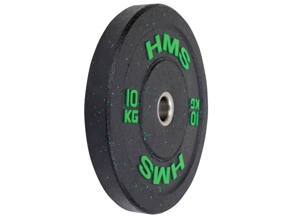 Obciążenie HMS HTBR10 (10 kg) obciążenie widoczne od przodu pod skosem białe tło korpus ze stali nierdzewnej całość pokryto grubą warstwą gumy tłumi uderzenia i ogranicza hałas chroni podłogę, sprzęt oraz same talerze przed uszkodzeniami