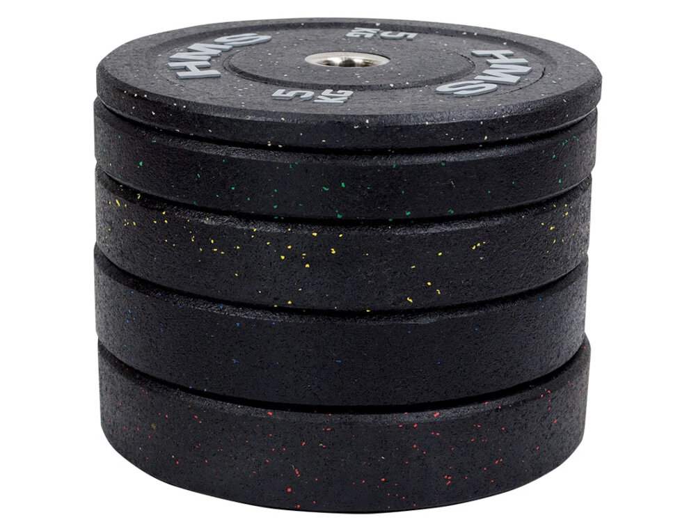 Obciążenie HMS HTBR10 (10 kg) białe tło pięć talerz ułożonych na płasko jeden na drugim wewnętrzna tuleja wykonana ze stali nierdzewnej gładka powierzchnia zmniejsza tarcie stalowy element stabilizuje talerz na sztandze, ograniczając luzy