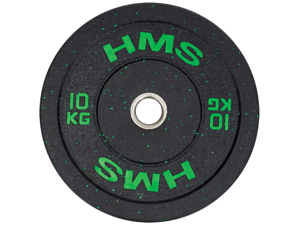 Obciążenie HMS HTBR10 (10 kg) obciążenie widoczne od przodu białe tło średnica zewnętrzna 450 mm szerokość 60 mm waga 10 kg sprzyja bezpiecznemu rozwojowi siły i stopniowej adaptacji mięśni do codziennych treningów