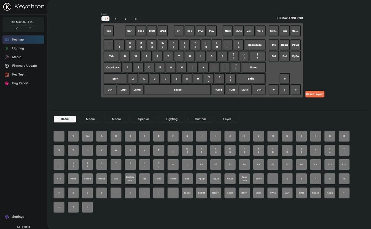 Keychron K8 Max Keychron K8 Max oprogramowanie QMK (Quantum Mechanical Keyboard) układy klawiszy, tworzyć makra oraz przypisywać funkcje specjalne aplikacji Keychron Launcher przeglądarce internetowej - Zrzut ekranu z programu komputerowego służącego do konfiguracji i mapowania klawiszy klawiatury.