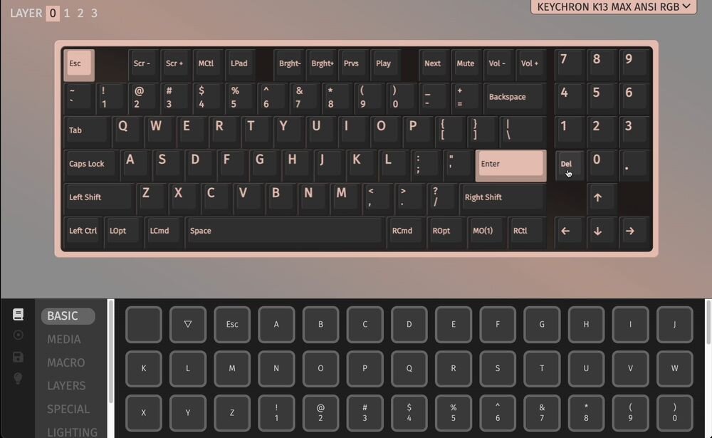 Keychron K13 Max K13 Max firmware QMK Quantum Mechanical Keyboard konfigurację za pomocą aplikacji webowej Keychron Launcher programować klawisze, tworzyć makra dostosowywać funkcje klawiatury - Zrzut ekranu z programu do konfiguracji klawiatury przedstawiający wirtualny układ klawiszy oraz panel z podstawowymi funkcjami mapowania na dole.