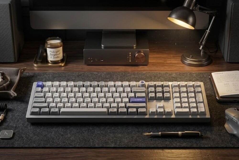 KEYCHRON Q6 HE 8K Anti-ghosting N-Key Rollover graczy i użytkowników - klawiatura na ciemnej podkładce z klimatycznym światłem