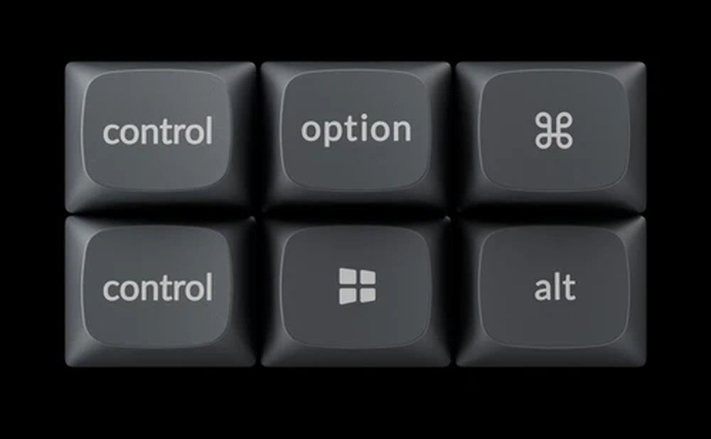 Obraz przedstawia sześć klawiszy z klawiatury: dwa z napisem \'control\', jeden z napisem \'option\', jeden z symbolem przypominającym kwiat, jeden z logo Windows, oraz jeden z napisem \'alt\'.